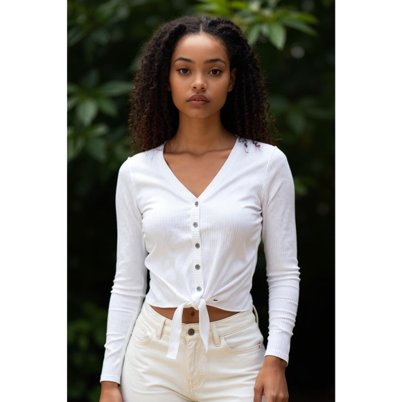 Hollister White Ribbed Henley Top XS Button A&F Elena Gilbert Bella Y2K Inspire - Picture 1 of 7